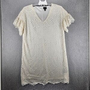 Worthington Dress Medium Eyelet Overlay Lined Ruffle Sleeve Off White - M